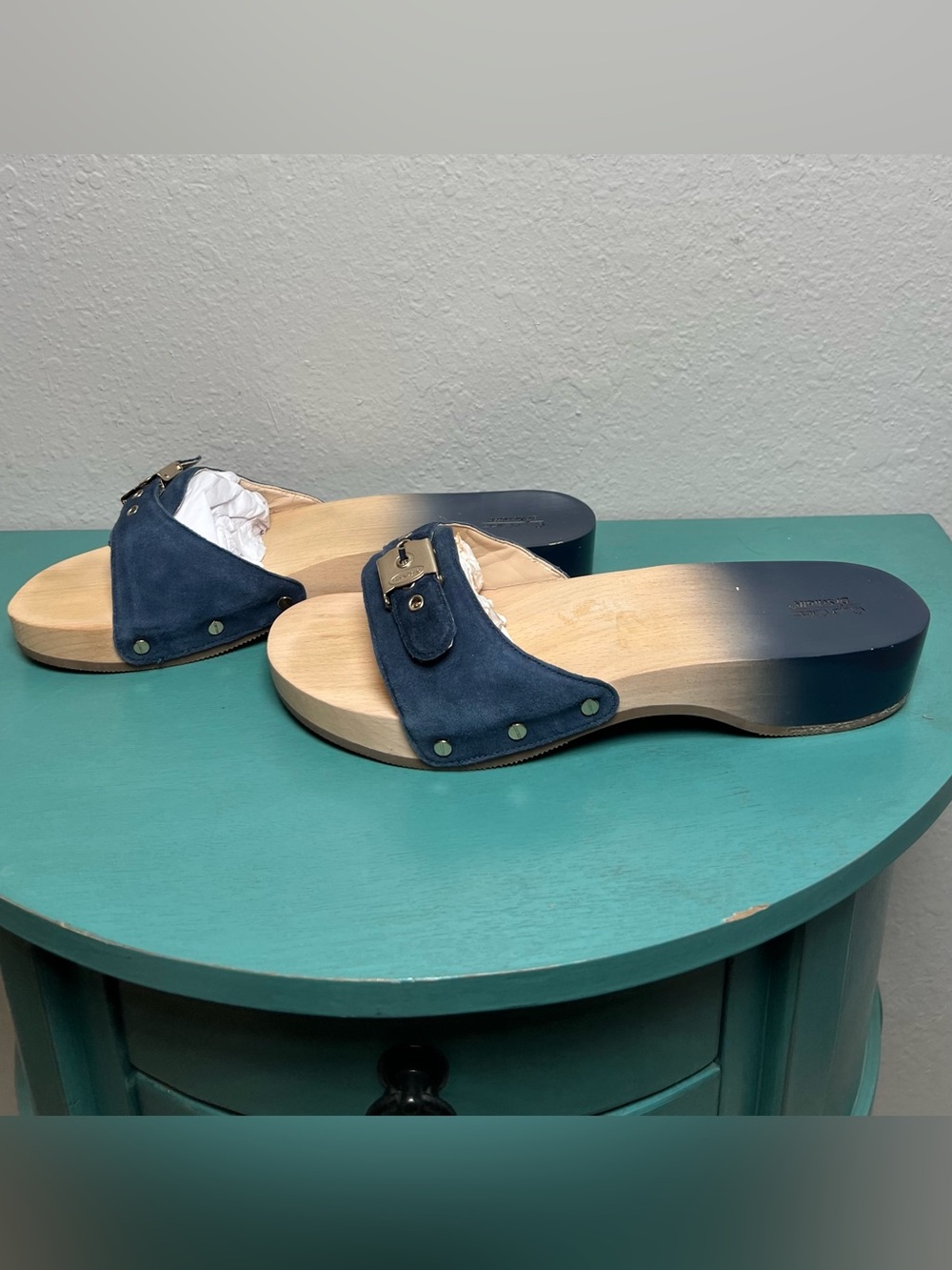 Dr Scholls Navy Suede Wooden Slide Ssndals - Picture 3 of 12